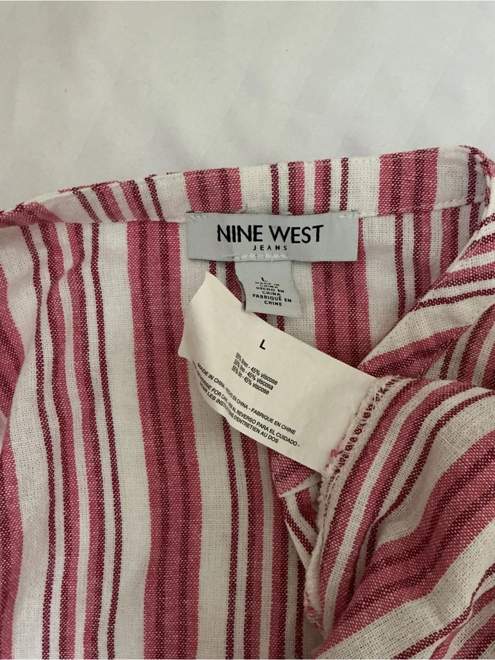 Nine West Pink and White Linen blend Striped Button-Down V-Neck Shirt - Picture 6 of 7